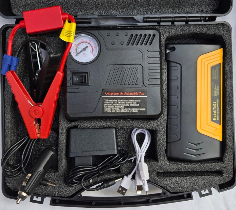 Jumper with Inflator – 1000A Peak Car Jump Starter + 150PSI Digital Air Compressor | Smart Clamps, LED Work Light, USB Ports | UAE Roadside Emergency Automotive Power & Tire Tool 